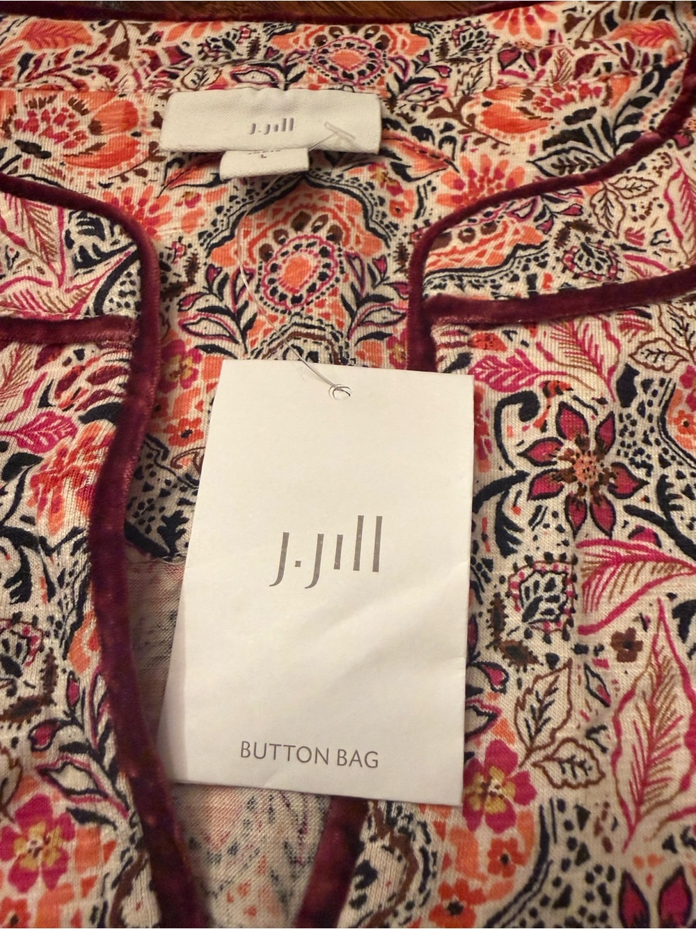J. Jill Floral Blouse in Pink, Orange & Burgundy Trim
